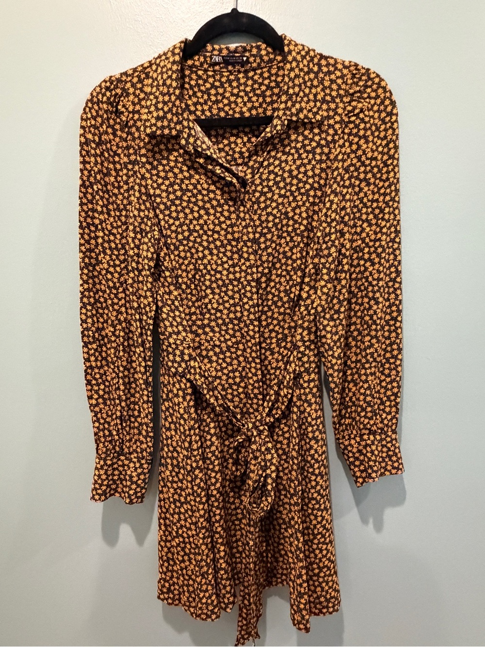 Zara Black and Mustard Floral Print Long Sleeve dress (m)